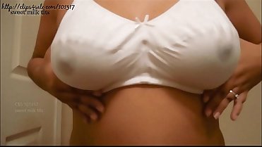 Mommy soaks her white nursing bra with engorged milky tit Milk