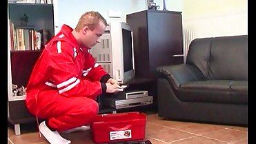 TV Repairman Seduced By Busty Blonde Horny Grandma